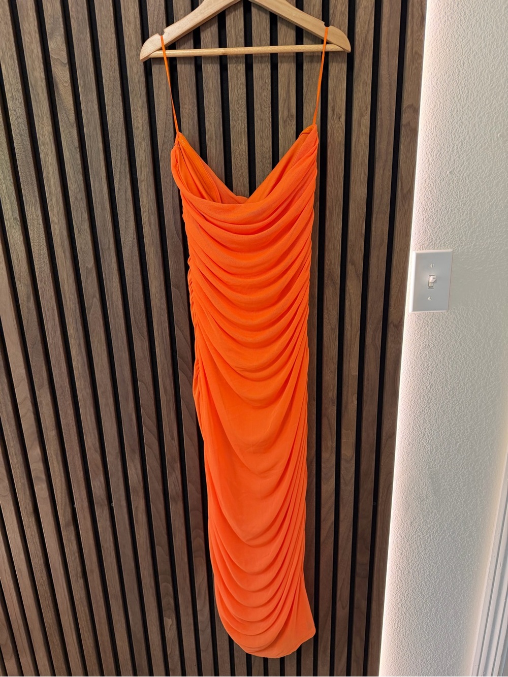 Steve Madden Neon Orange Draped Strapless Dress